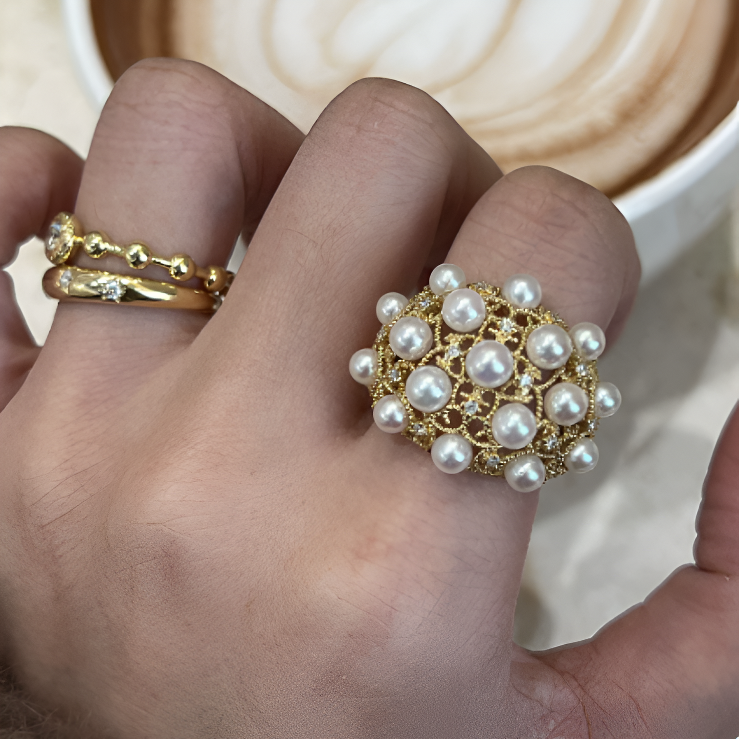 Vintage Inlaid Pearl & Zirconia Ring